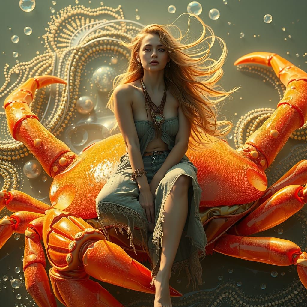 Woman on Gummy Crab in Neon Futurism Style