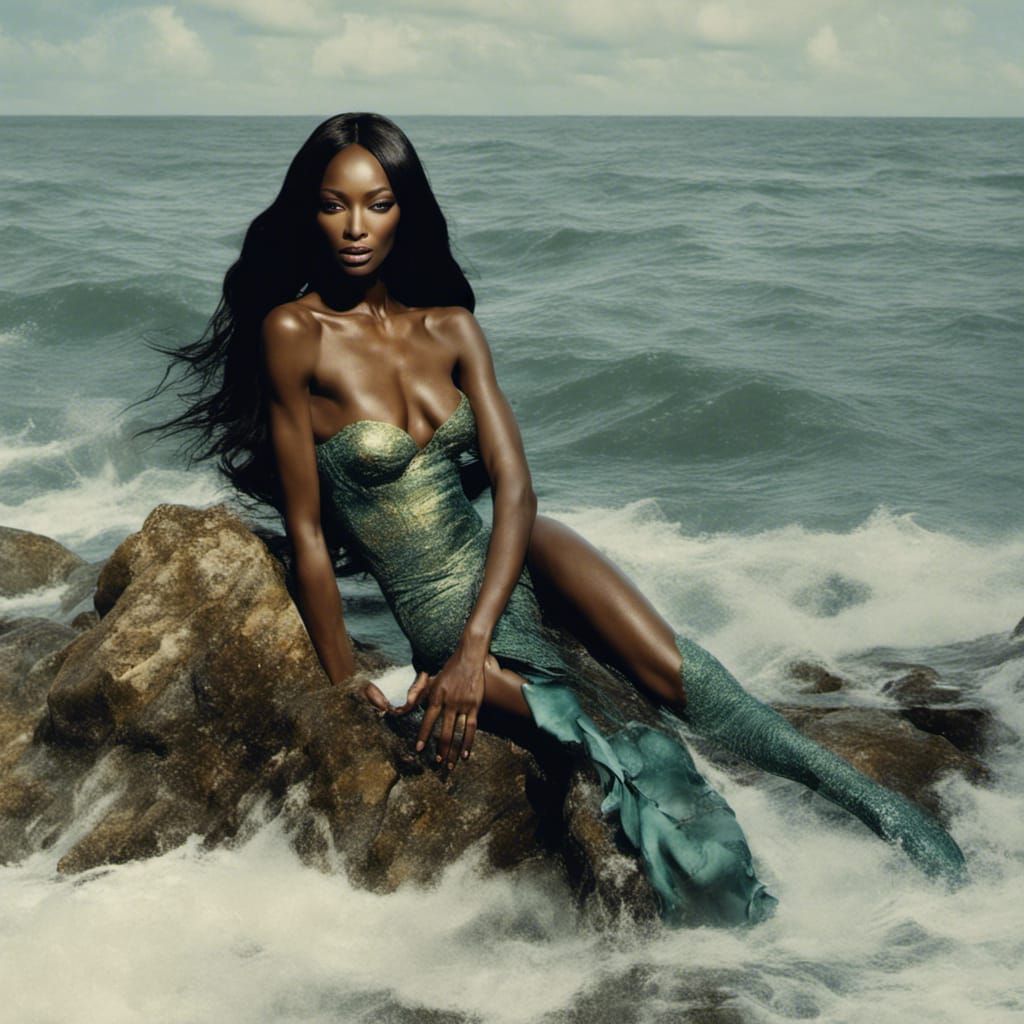 Mermaid Naomi Campbell in Stormy Sea, Romantic Style