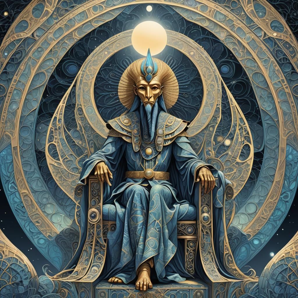 Thoth on Throne Under Moon in Abstract Fractal Art