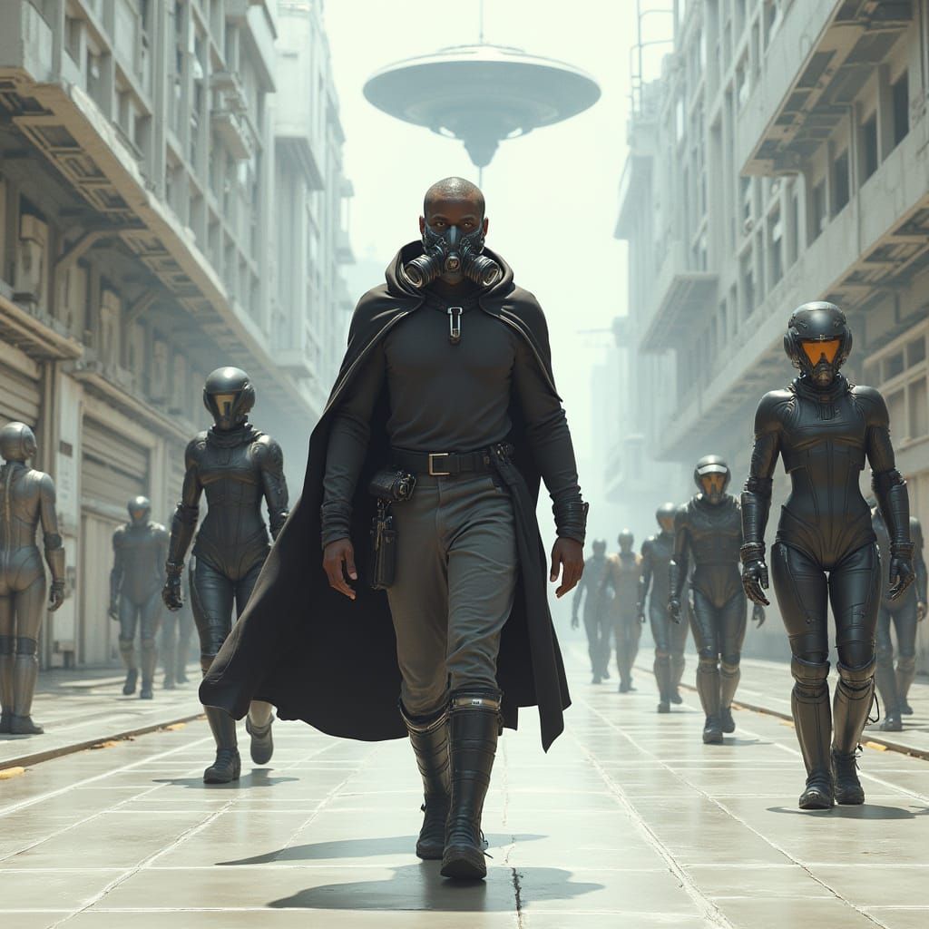 Dark Gray Warrior in Futuristic Cityscape