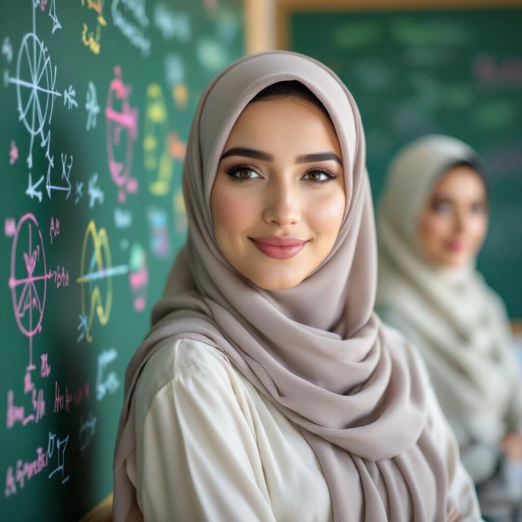 Two Female Teachers in Front of Chalkboard
