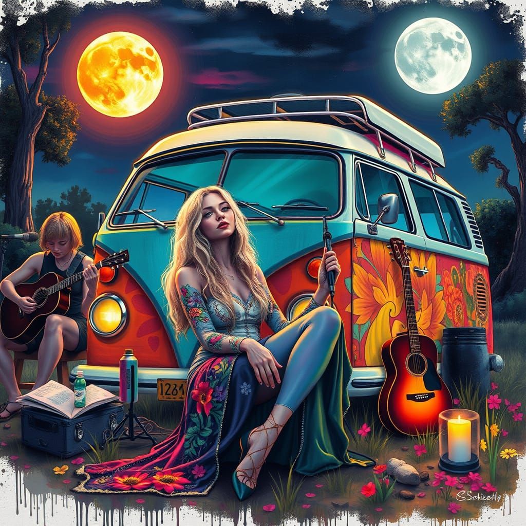 Flower Power Hippie Scene in Vibrant Splatter Art