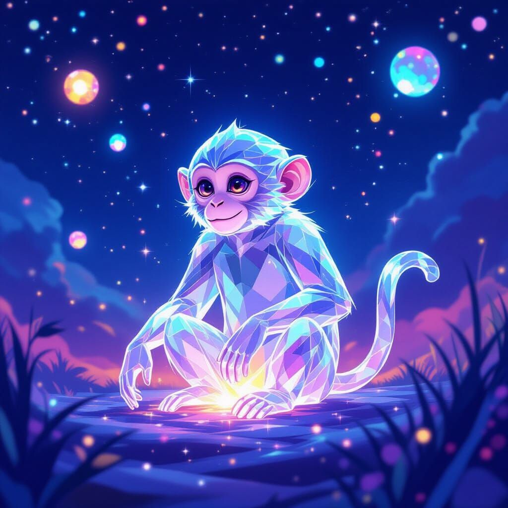 Crystal Monkey Shimmers Under Magical Night Sky
