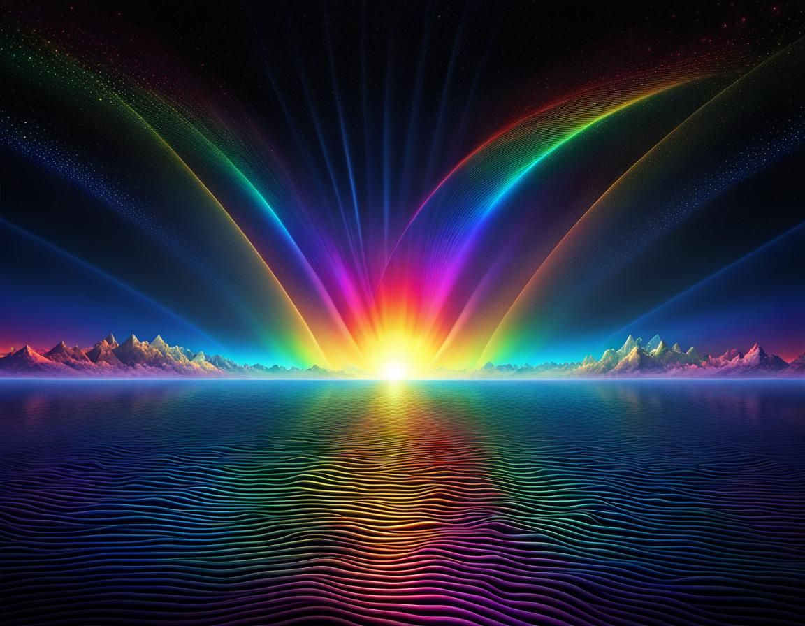 Rainbow Sunset Over Alien Sea with 3D Shading