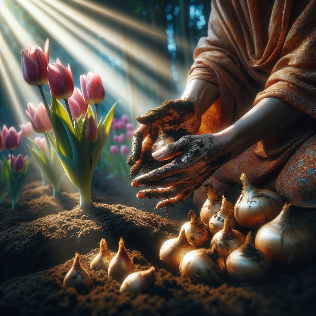 South Asian Woman Plants Tulip Bulbs in Garden