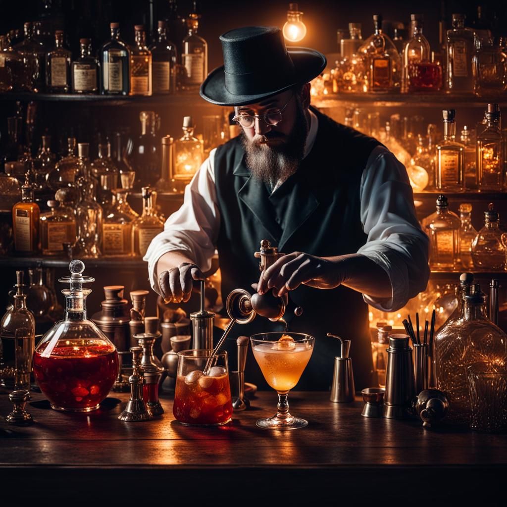 Alchemist Bartender Mixes Elixir in Dark Bar