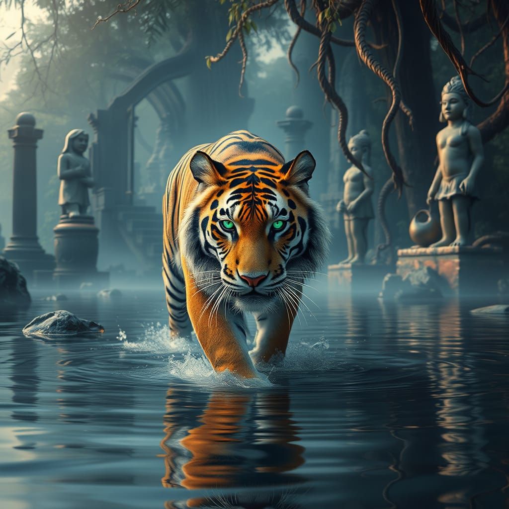 Tiger in Shimmering Water with Emerald Eyes