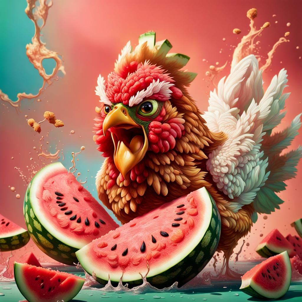 Hyperrealistic Watermelon and Fried Chicken Splash Art