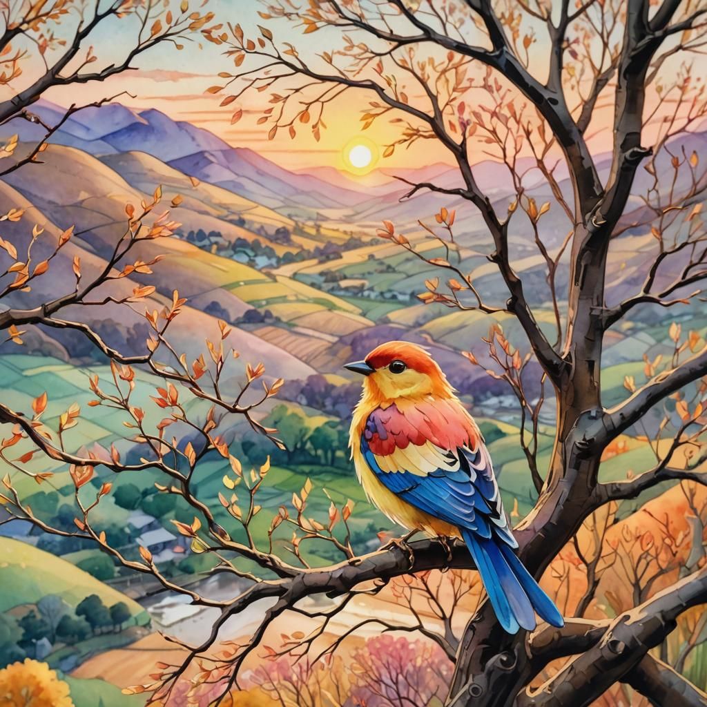 Bird in Tree at Sunset: 3D Anime Watercolor