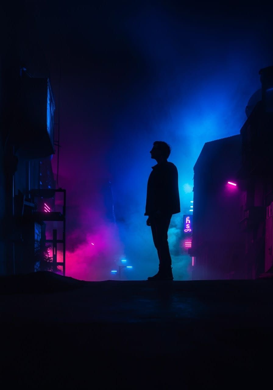 Neon Noir Silhouette in Futuristic Cityscape