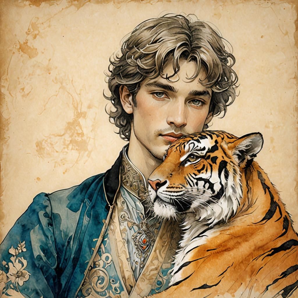 Prince and Tiger Portrait in Art Nouveau Style