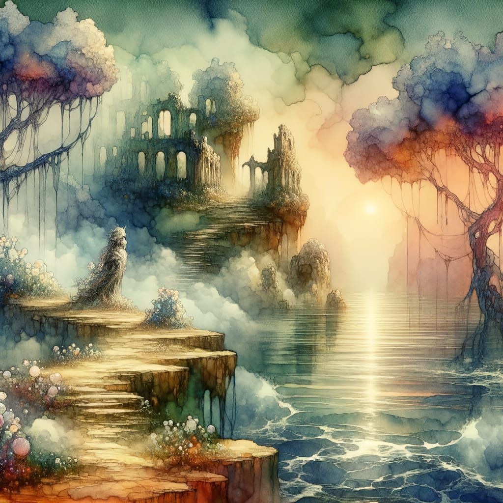 Enchanted Island Ruins in Ethereal Watercolor Style