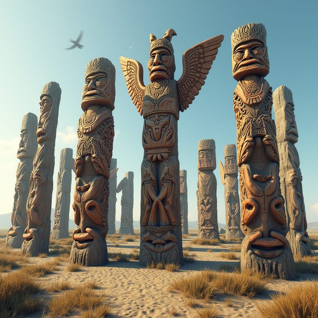 Intricate Totem Poles in Stonehenge Formation