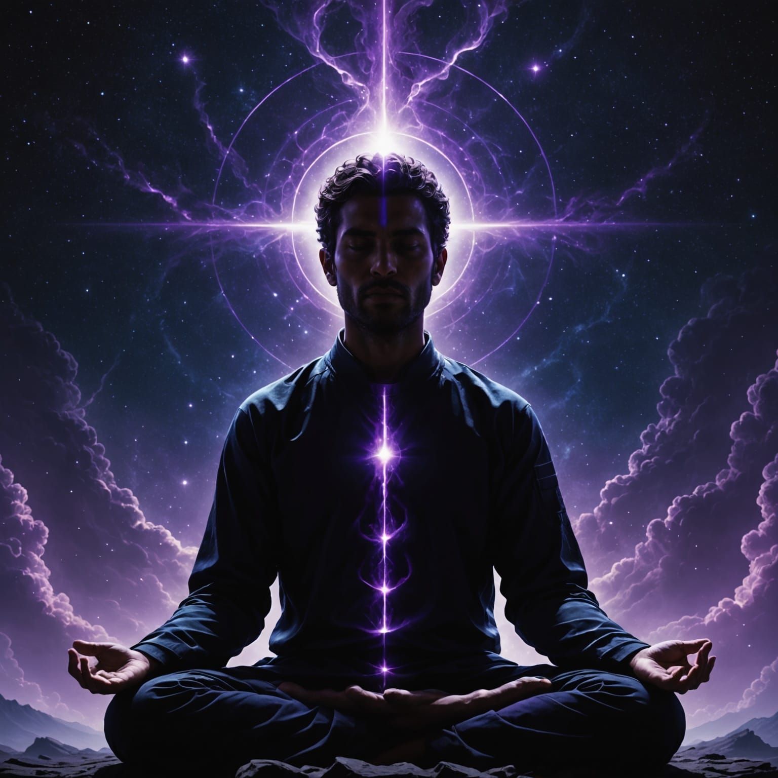 Meditating Figure with Cosmic Energy Blast