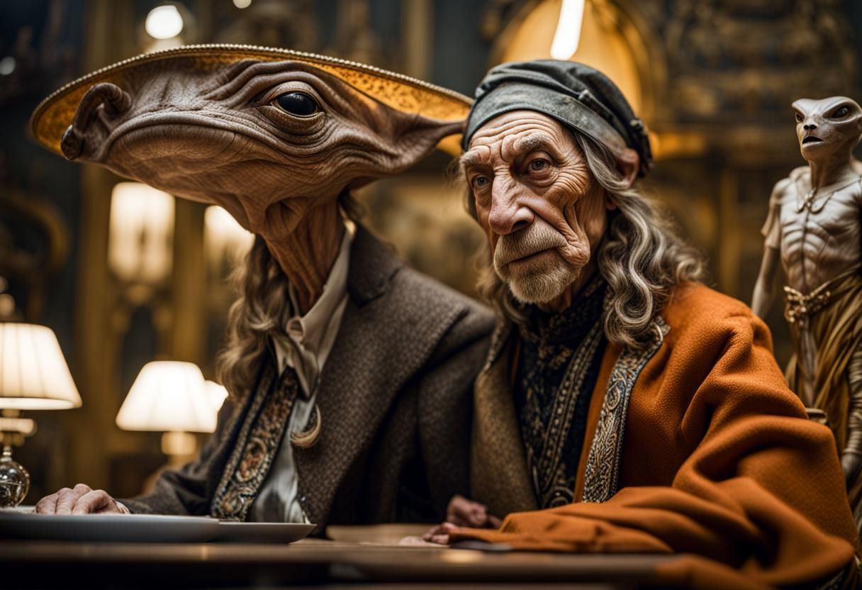 Surreal Alien Celebration in Gritty Restaurant