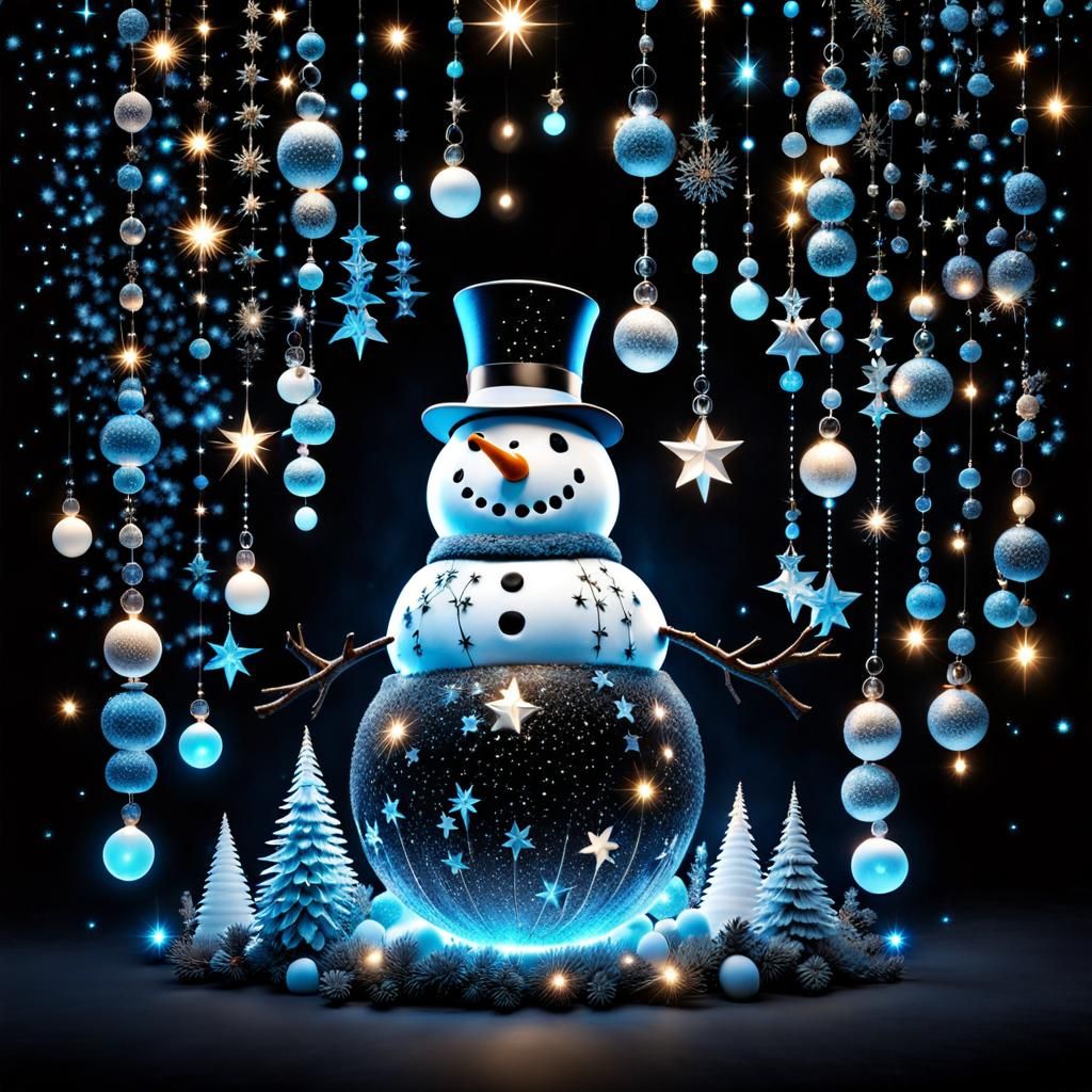 Elegant Bioluminescent Snowman Amidst Hanging Stars