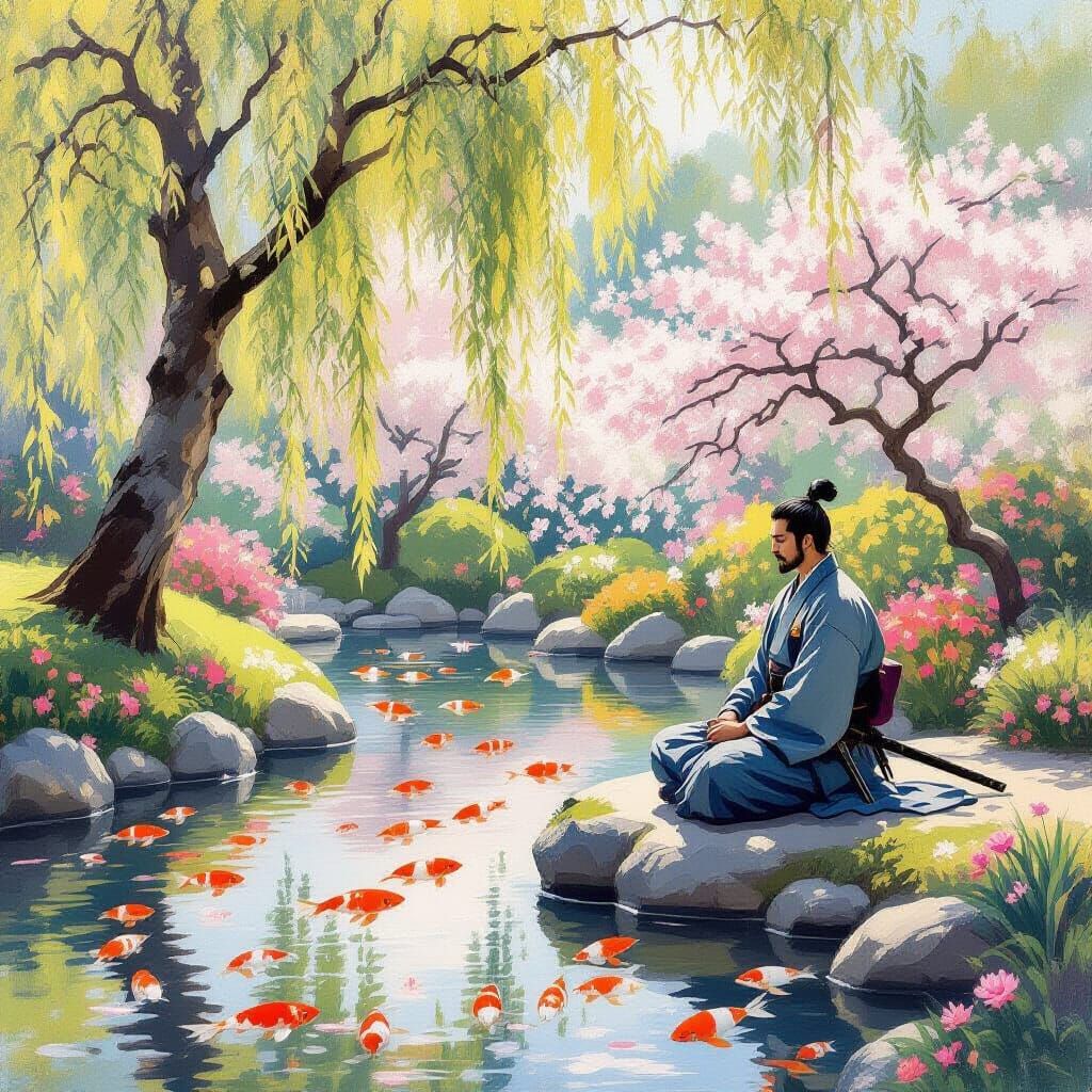 Springtime Samurai Meditates in Japanese Garden, Impressioni...