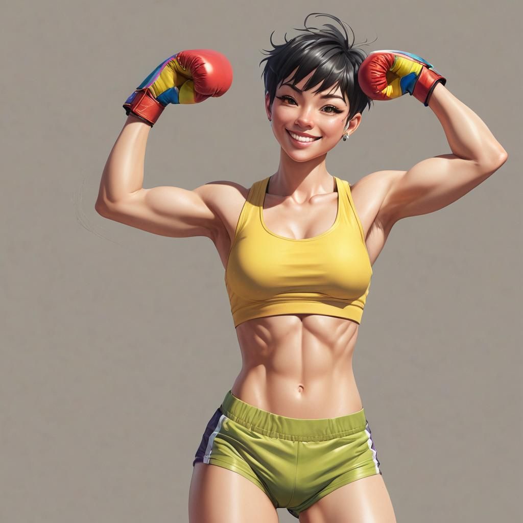 Sporty Tomboy Boxer Flexing Biceps in Comic Book Art
