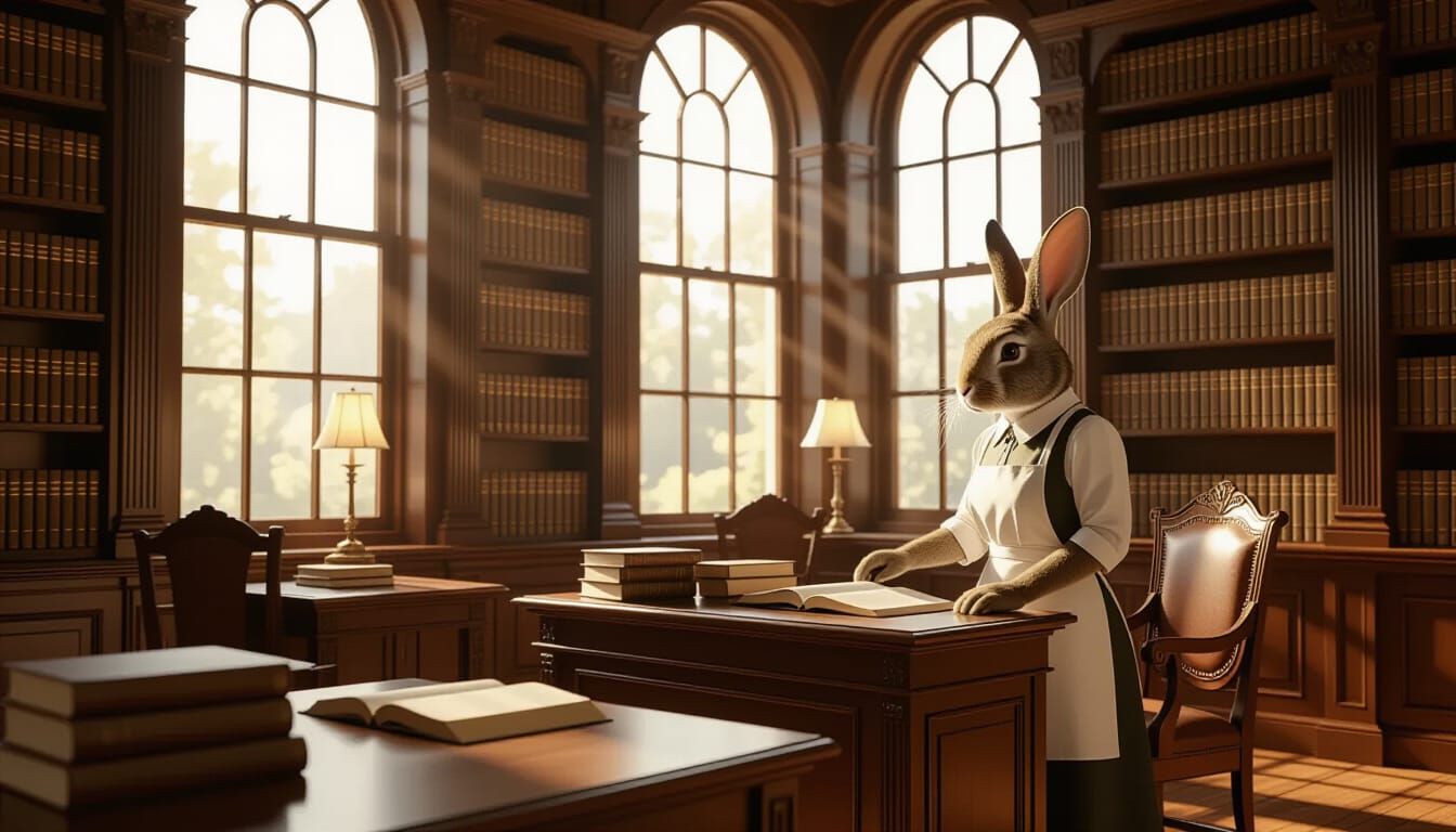 Rabbit Librarian in Tidy Victorian Library, Realistic Style