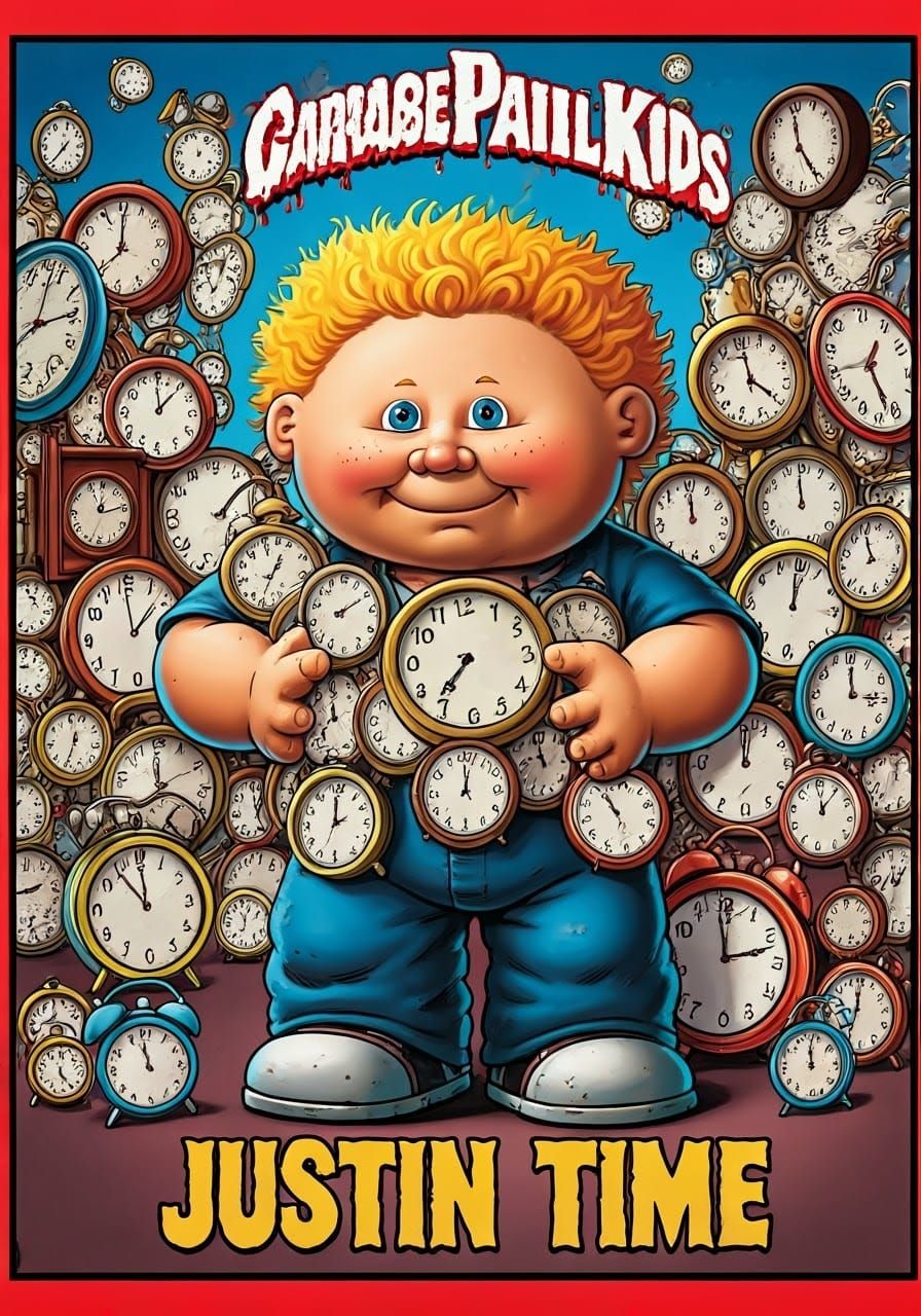 Vibrant Garbage Pail Kids Character in Time-Themed Humor