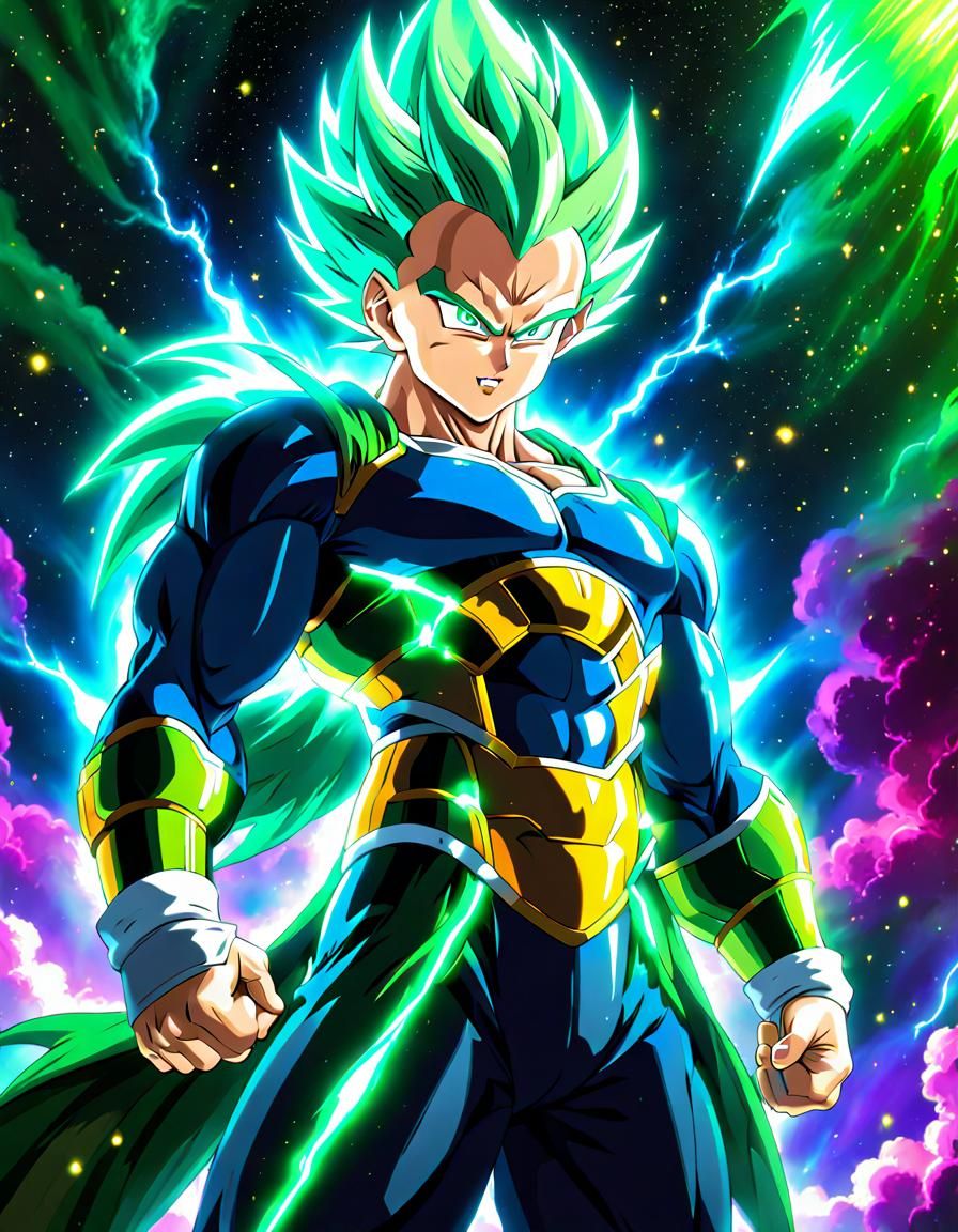 Ultra Ego Vegeta in Bioluminescent Nebula: Anime Style