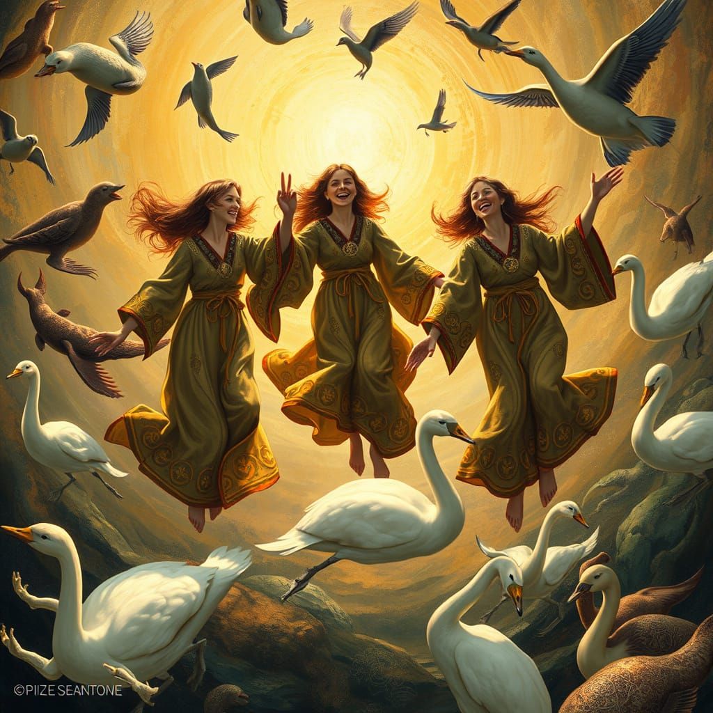 Ethereal Women Dance with Fantastical Creatures in Golden Dr...