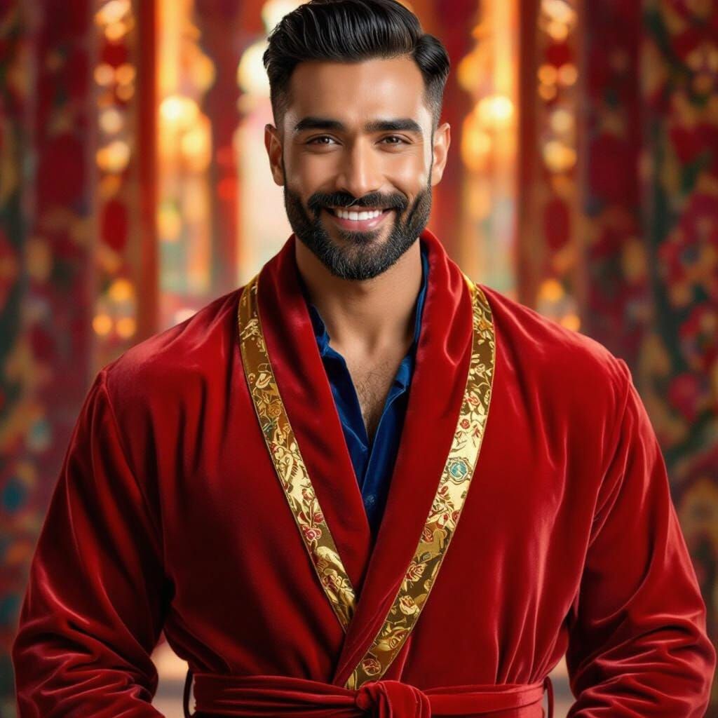 Joyful Man in Velvet Robe, Hyperrealistic Oil Painting