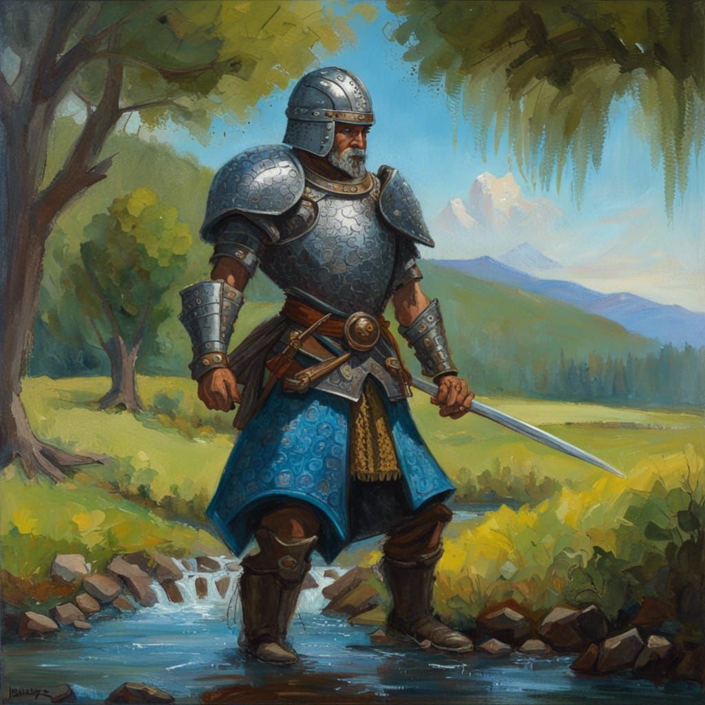 Retro Dark Fantasy Warrior in Meadow Landscape