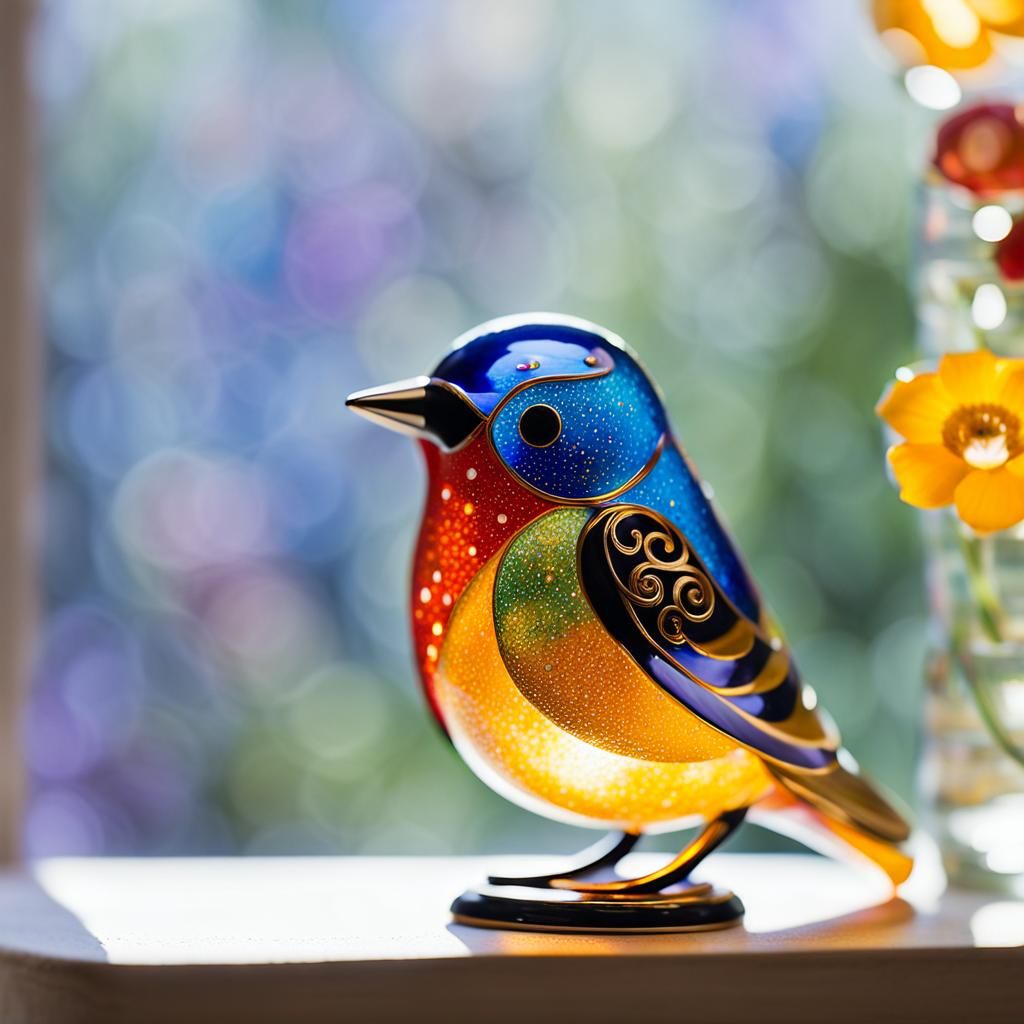 Enamelled Glass Bird Figurine in Art Nouveau Style
