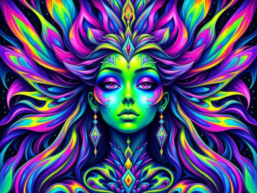 Gothic Princess in Neon Fractal Landscape
