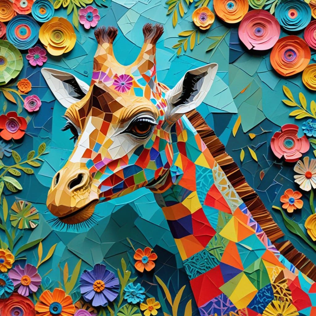 Whimsical Giraffe Collage Art From Colorful Paper Scraps