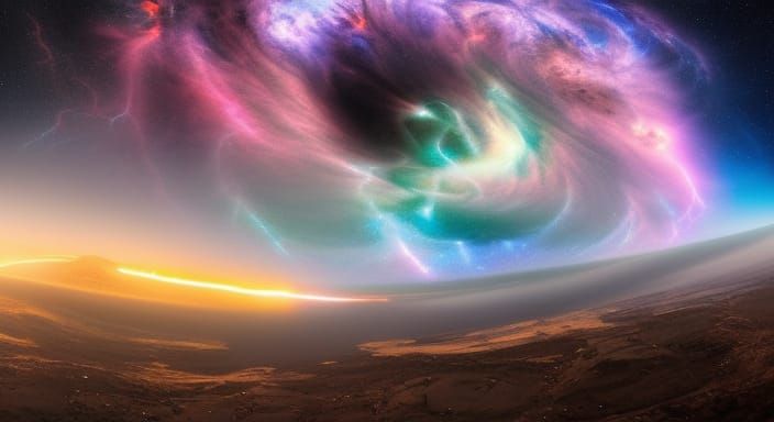 UFO Under Cosmic Storm in Hyperrealistic Style