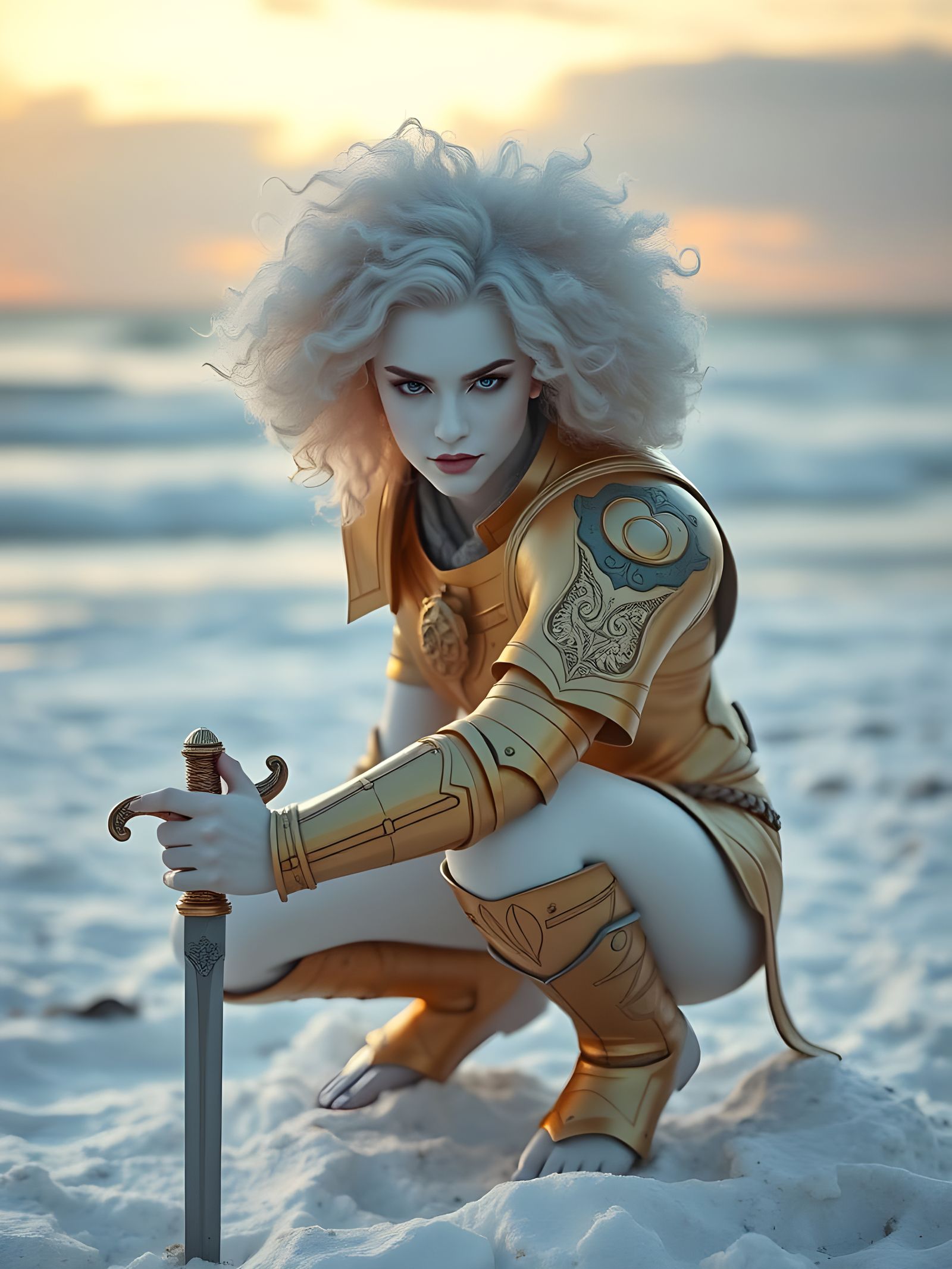 Albino Warrior Woman on Snowy Beach at Sunrise