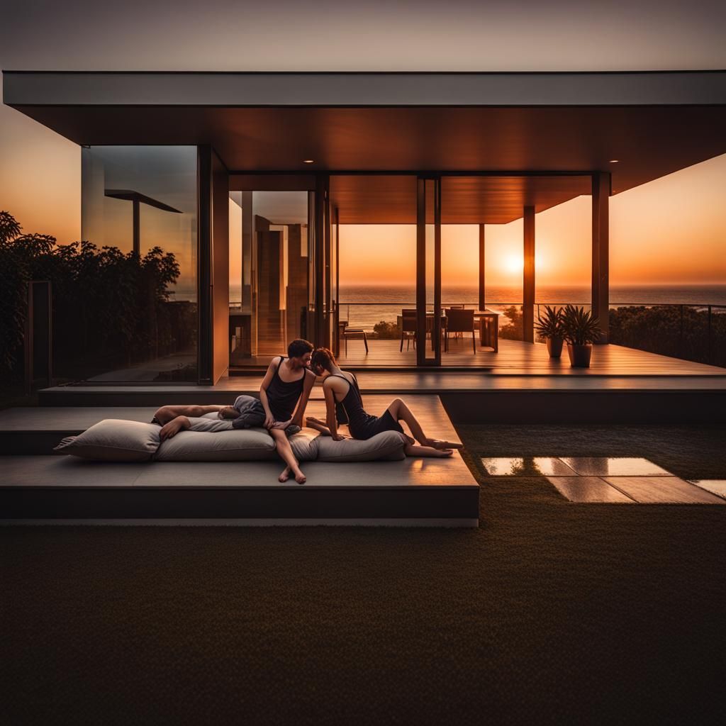 Romantic Sunset: Couple by Pool of Modern House