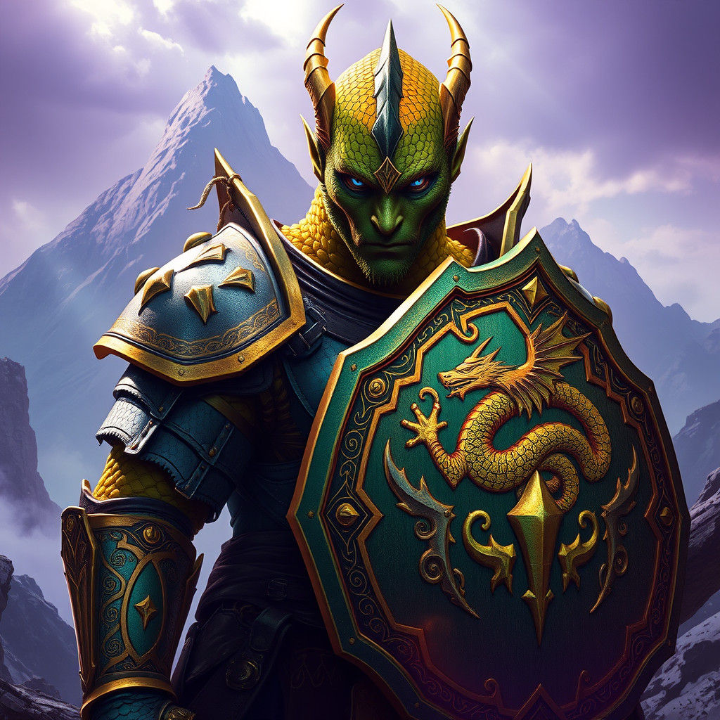 Dragonborn Fighter in Mystical Armor with Kite Shield