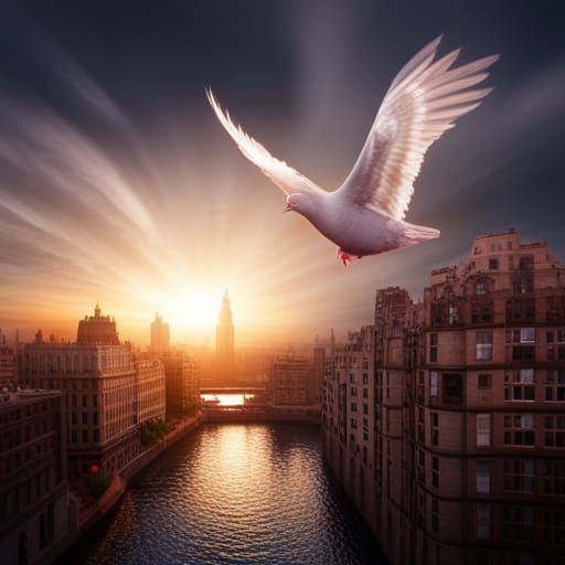 Dove flying over a city at sunset