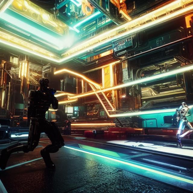 Cyberpunk Dancehall with Cyborgs in Steel and Neon