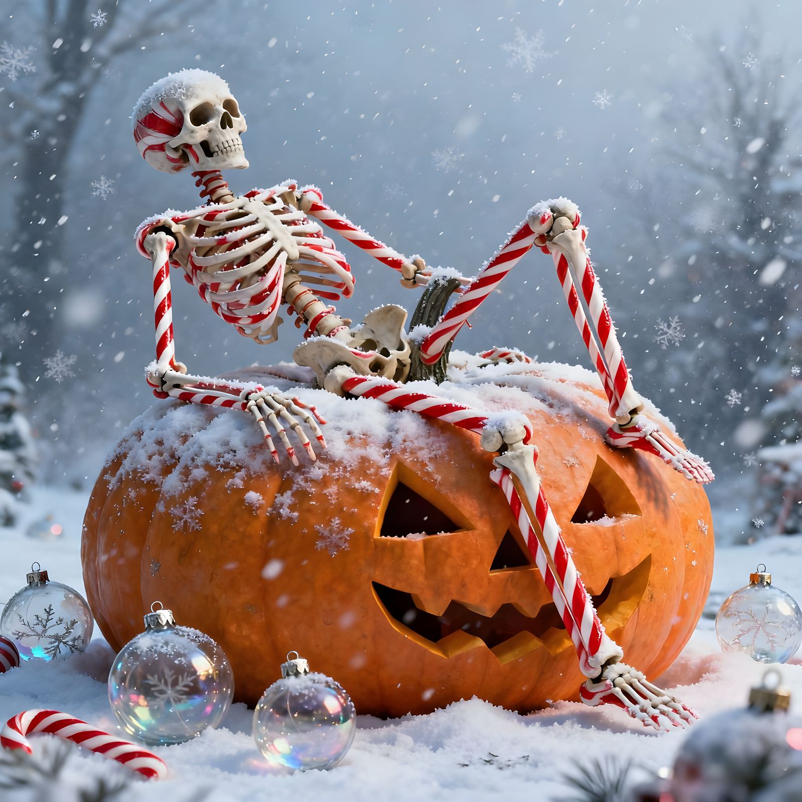 Giant Candy Cane Skeleton on Halloween Pumpkin