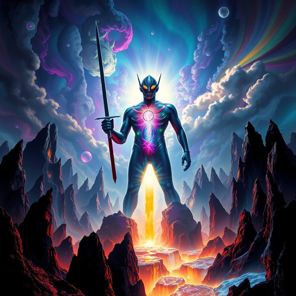 Ethereal Ultraman Silhouette in Iridescent Shadows, Radiant ...