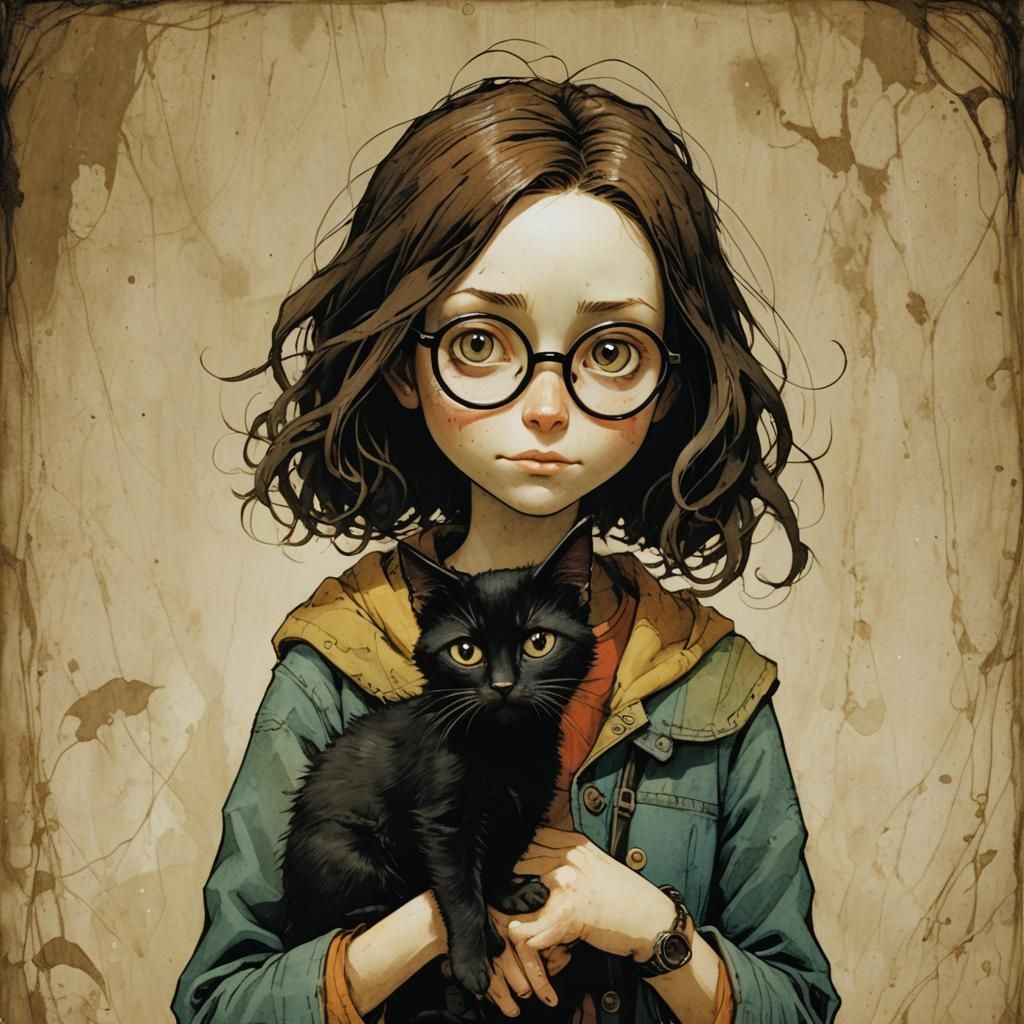 Coraline with Kitten in Gothic Illustration Style
