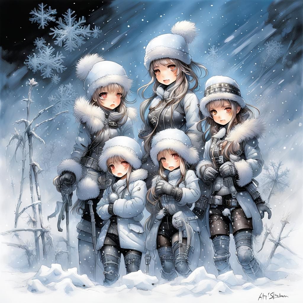 Chibi Family Shoveling Snow at Dawn