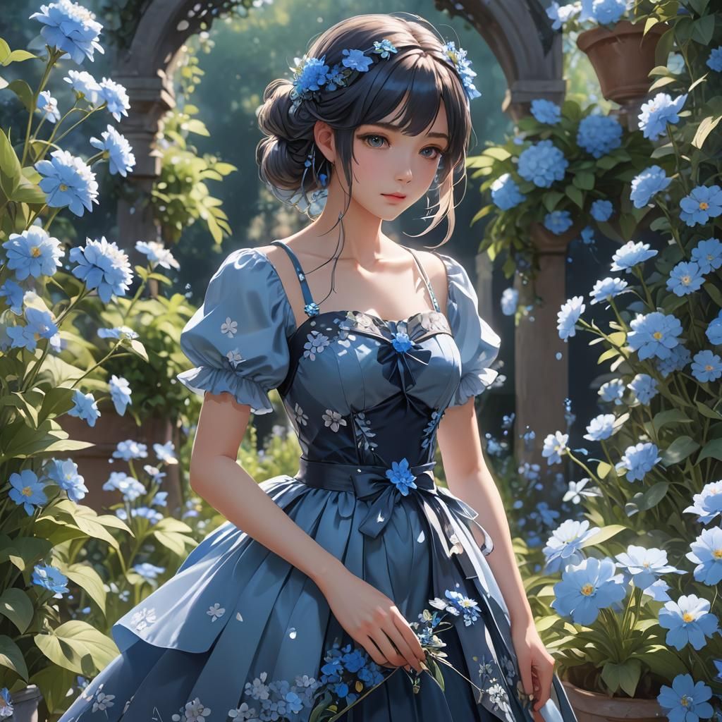 Girl in Blue Crystal Flower Dress: 3D Anime Art