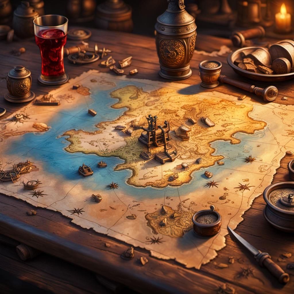Intricate Pirate Treasure Map on Tavern Table