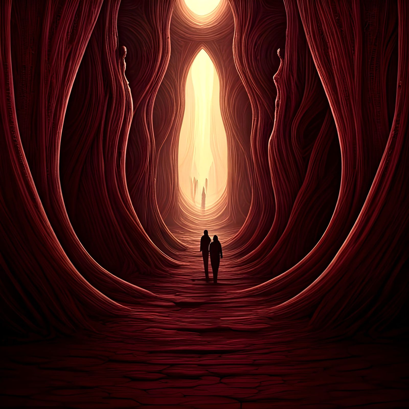 A surreal artwork in a deep, burgundy crimson and pale, anti...