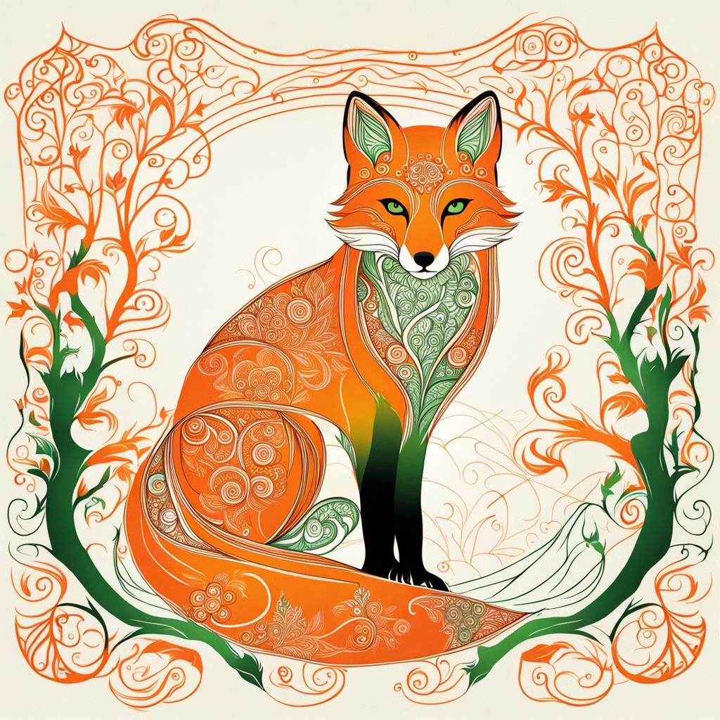 Filigree Fox with Orange Line Drawing