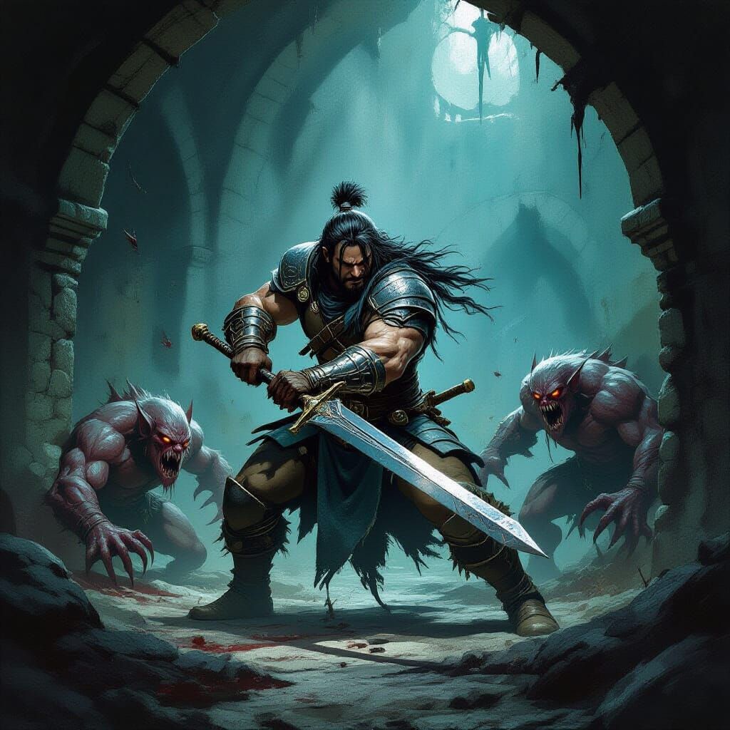 Fantasy Warrior in Dungeon Fight: Gritty Art Style