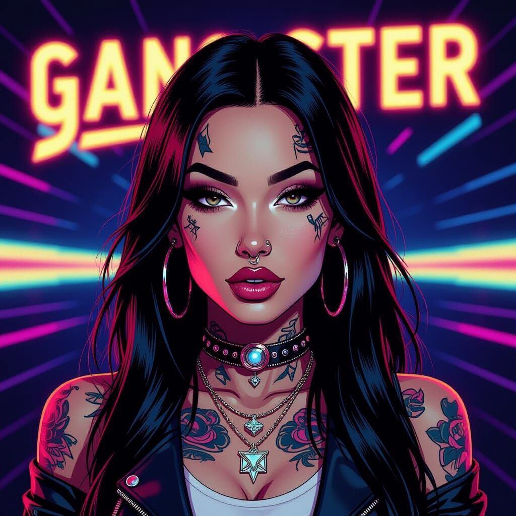 Synthwave Woman with Piercings and Tattoos