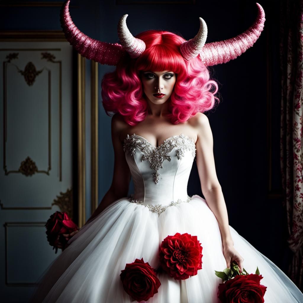 Monstrous Red Demon Bride in Wedding Dress