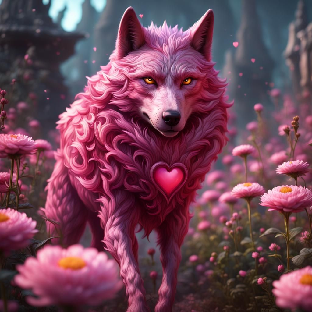 Pink Wolf Walking Through Flower Meadow