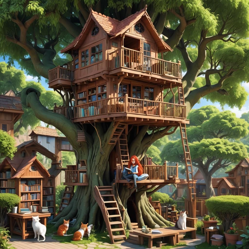 Enchanted Treehouse Library in Anime Style